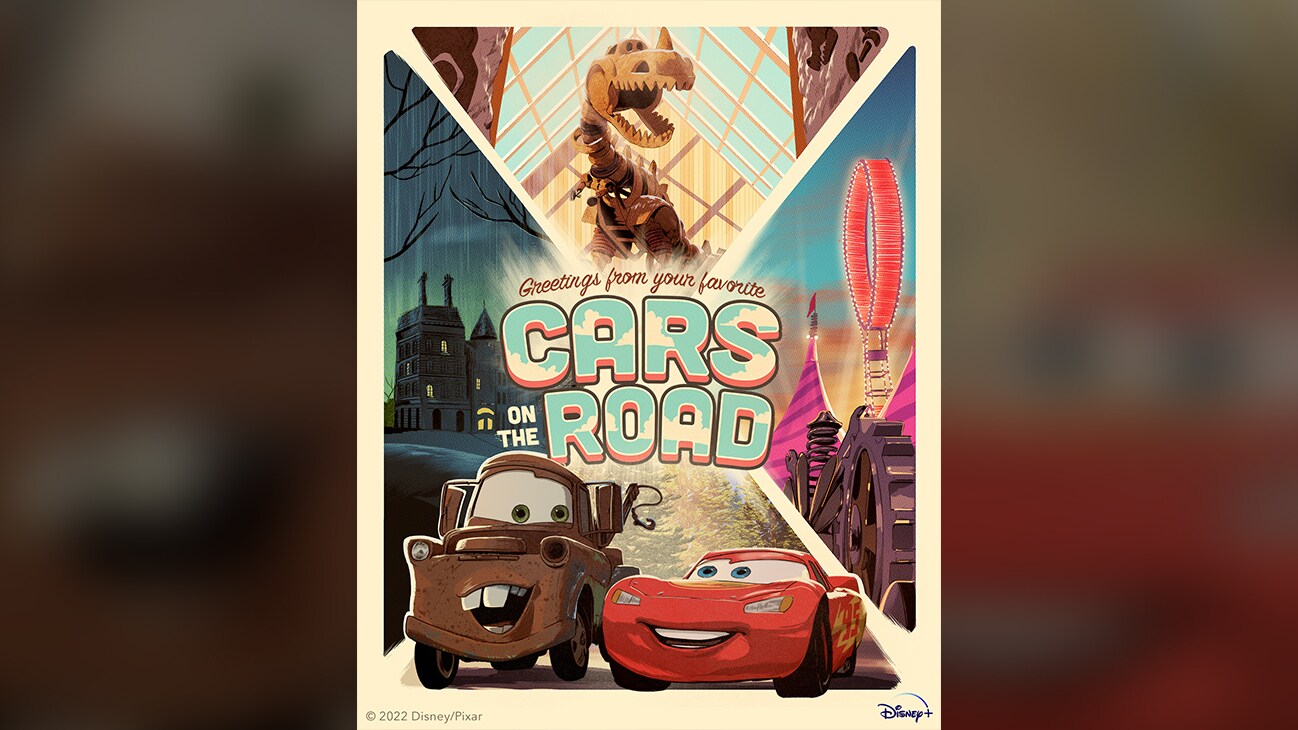 Poster image of Lightning McQueen (voice of Owen Wilson) and Mater (voice of Larry the Cable Guy) from the Disney+ Original series "Cars on the Road".