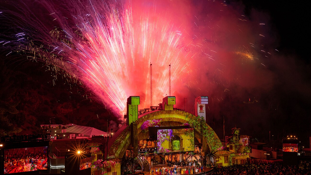Fireworks go off during the live-to-film concert experience Encanto at the Hollywood Bowl. Encanto at the Hollywood Bowl, from Disney Branded Television, will premiere on Dec. 28 only on Disney+. (Photo credit: Disney/Temma Hankin)
