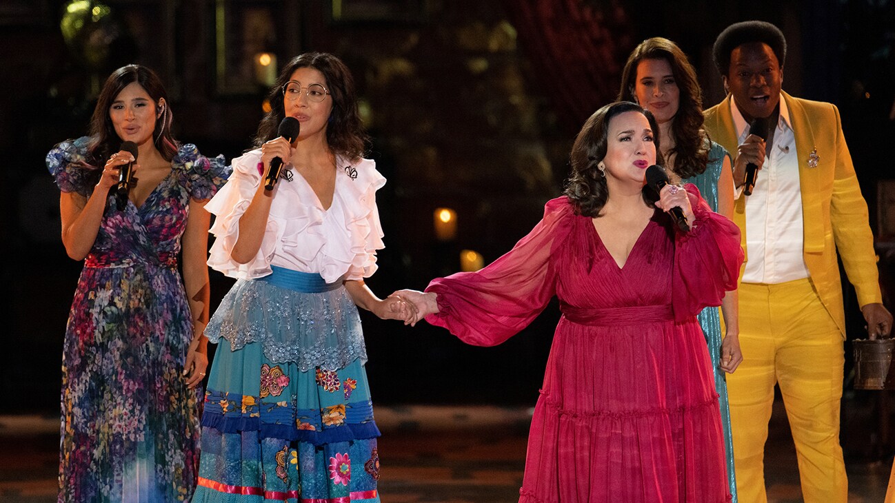 Diane Guerrero, Stephanie Beatriz, Olga Merediz, Angie Cepeda, and Mauro Castillo during the live-to-film concert experience Encanto at the Hollywood Bowl. Encanto at the Hollywood Bowl, from Disney Branded Television, will premiere on Dec. 28 only on Disney+. (Photo credit: Disney/Temma Hankin)