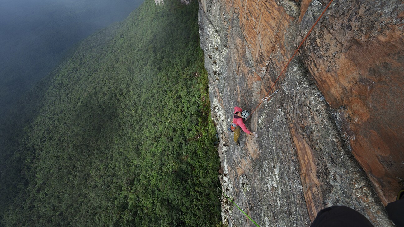 Climber Federico Pisani makes a first ascent up the cliff face of Weiassipu, a tepui in Western Guyana. (National Geographic/Renan Ozturk)