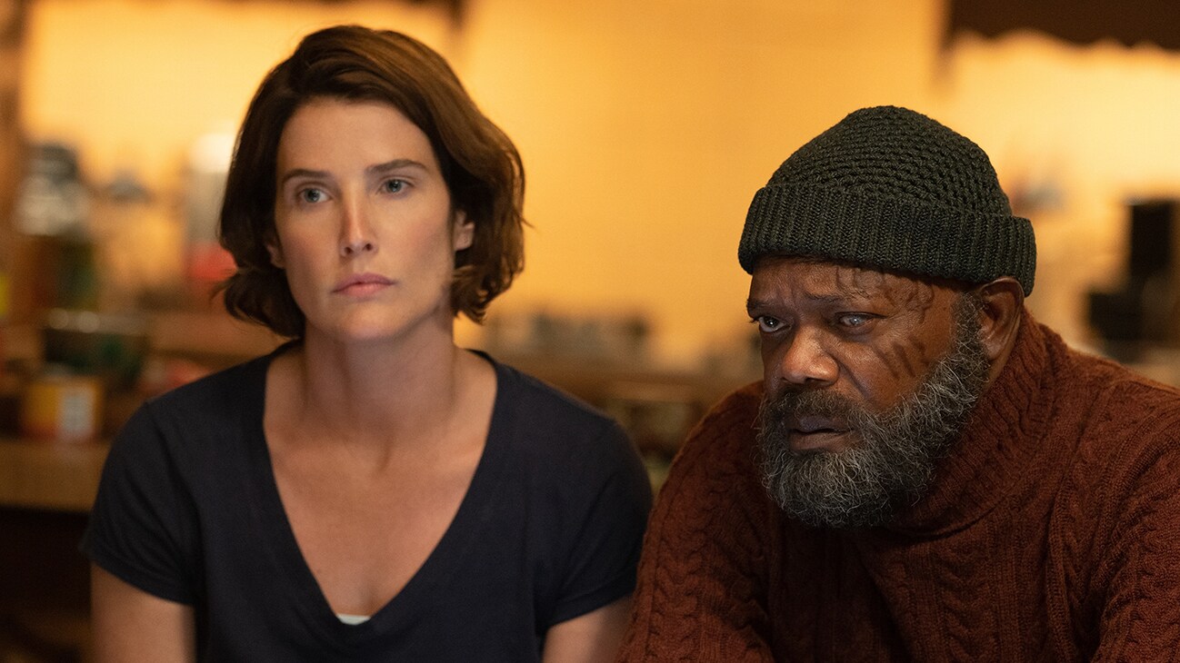 Cobie Smulders as Maria Hill and Samuel L. Jackson as Nick Fury in Marvel Studios' Secret Invasion, exclusively on Disney+. [Photo by Des Willie.]