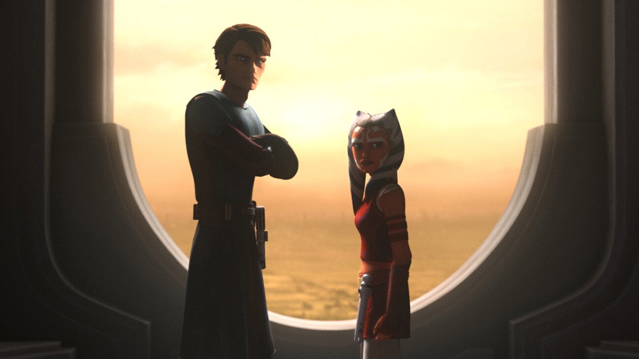 Animated image of a young Anakin Skywalker and Ahsoka Tano standing next to a window from the Disney+ Original series, "Star Wars: Tales of the Jedi".