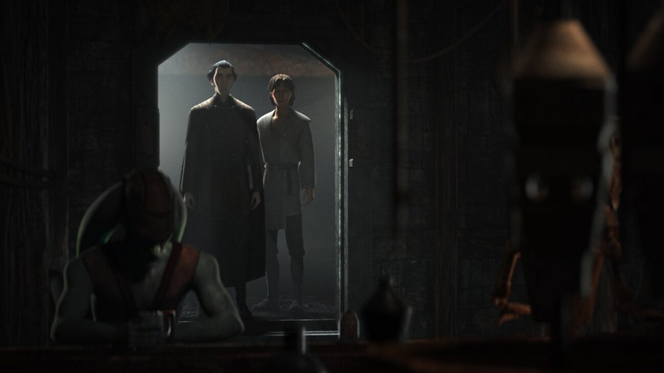 Image of a young Count Dooku and another character standing in an entrance to a dark a dark cantina from the Disney+ Original series, "Tales of the Jedi".