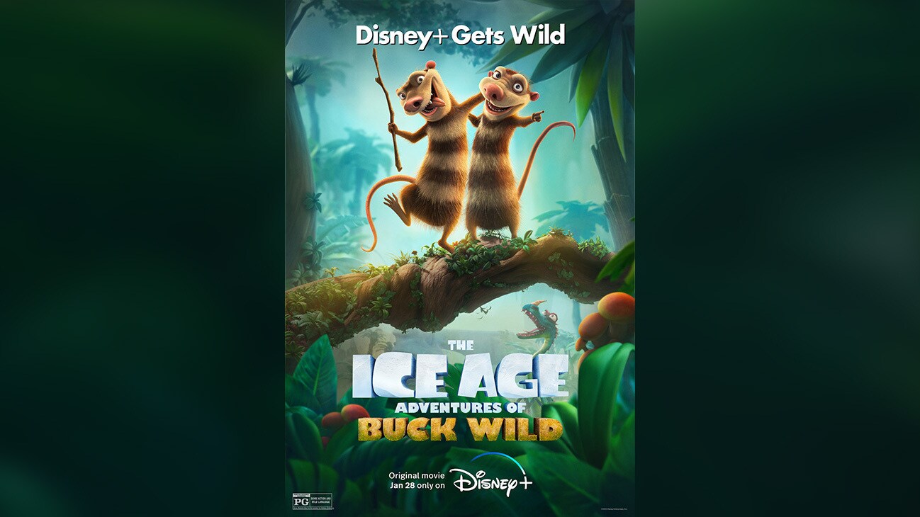 Disney+ Gets Wild | Image of the Crash & Eddie characters from the Disney+ Original movie The Ice Age Adventures of Buck Wild | Original movie Jan. 28 only on Disney+ | Rated PG