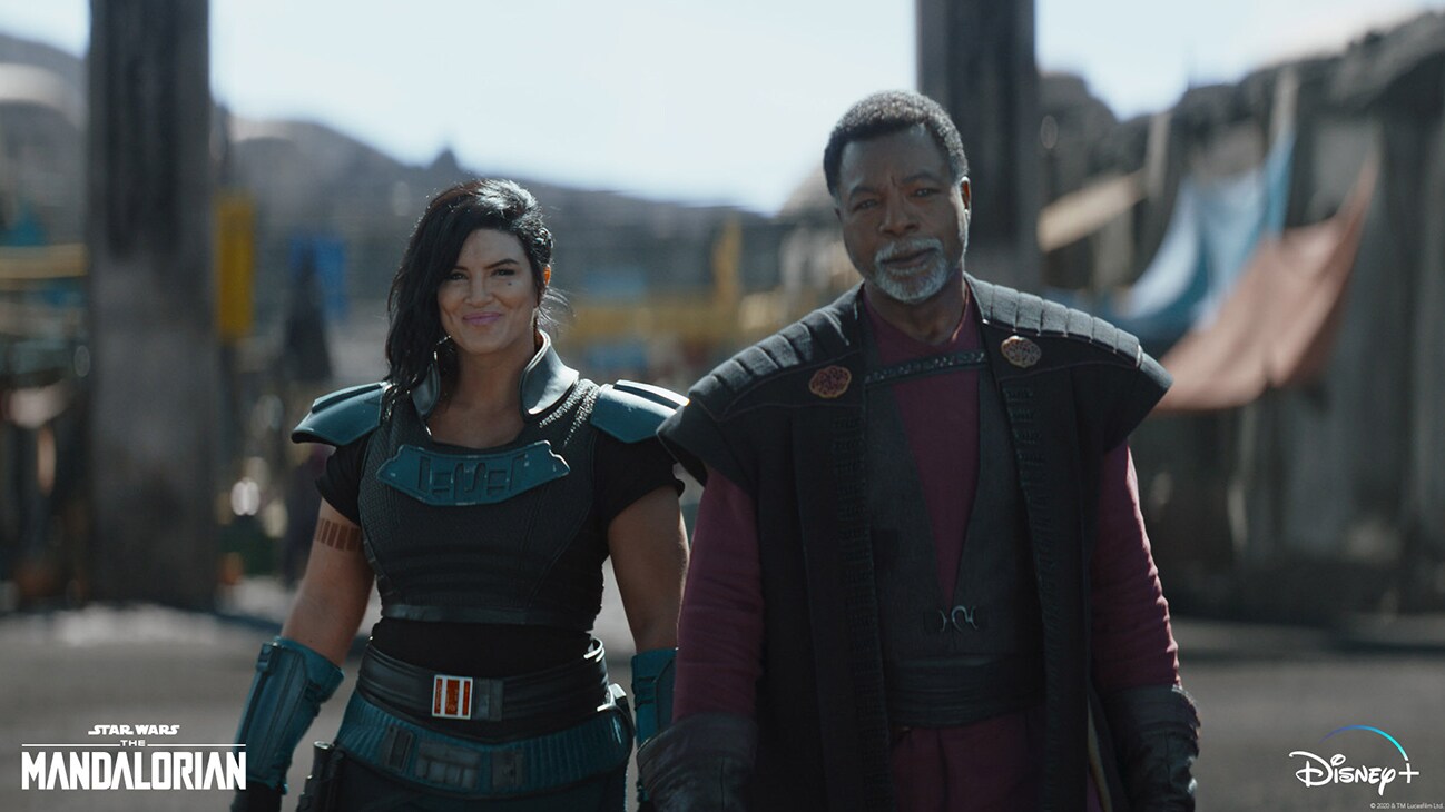Gina Carano is Cara Dune and Carl Weathers is Greef Karga in Lucasfilm's THE MANDALORIAN, season two, exclusively on Disney+. © 2020 Lucasfilm Ltd. & ™. All Rights Reserved.