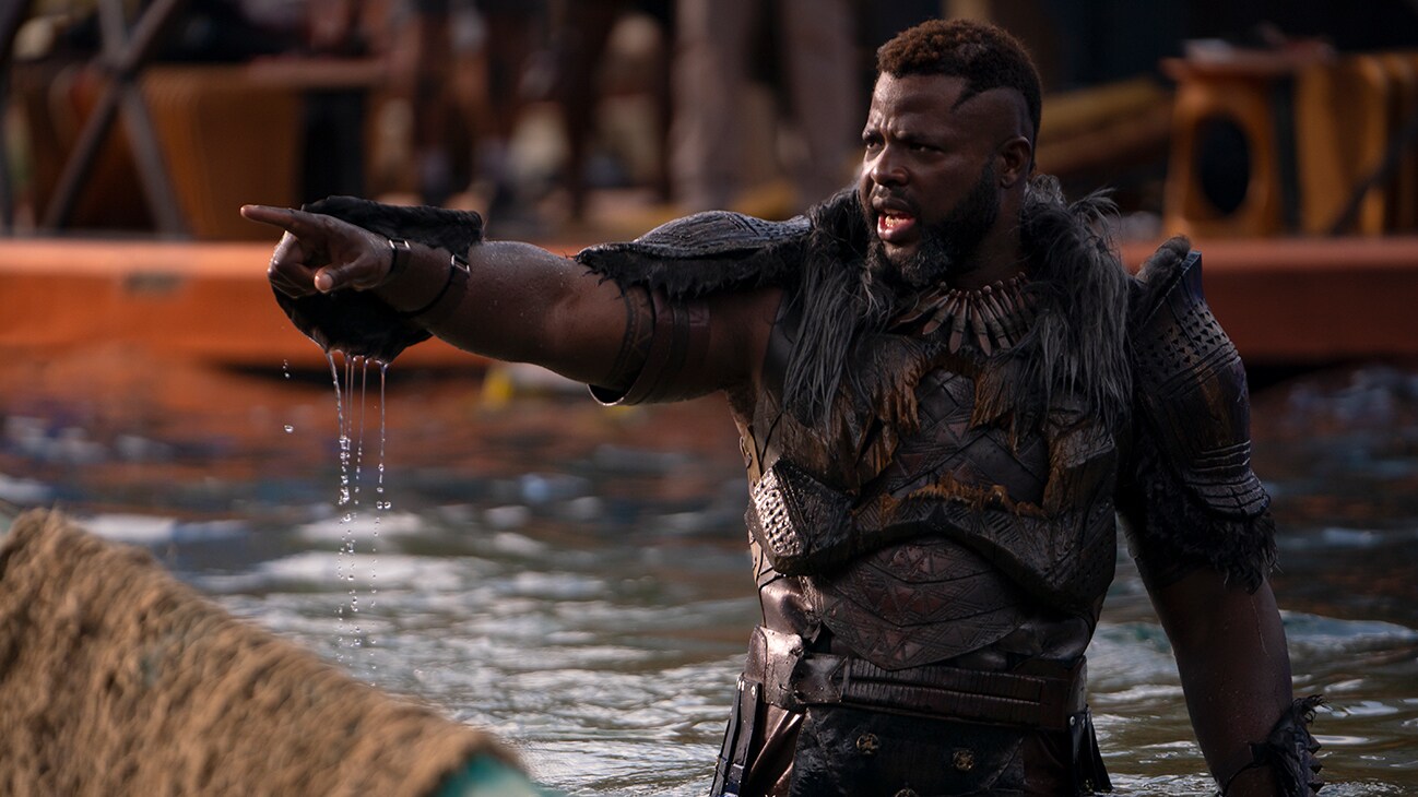 M’Baku (Winston Duke) rises out of the water from the film, Marvel Studios' Black Panther: Wakanda Forever.