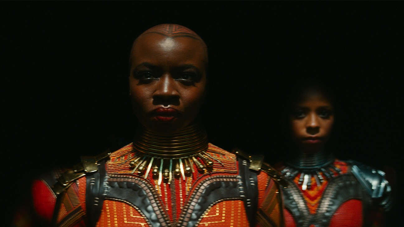 Okoye (actor Danai Gurira) and the Dora Milaje. From the film, Marvel Studios' Black Panther: Wakanda Forever.