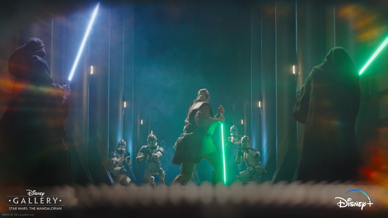 Several Jedi battle clone troopers from the Disney+ Original series, "Disney Gallery - Star Wars: The Mandalorian Season 3."