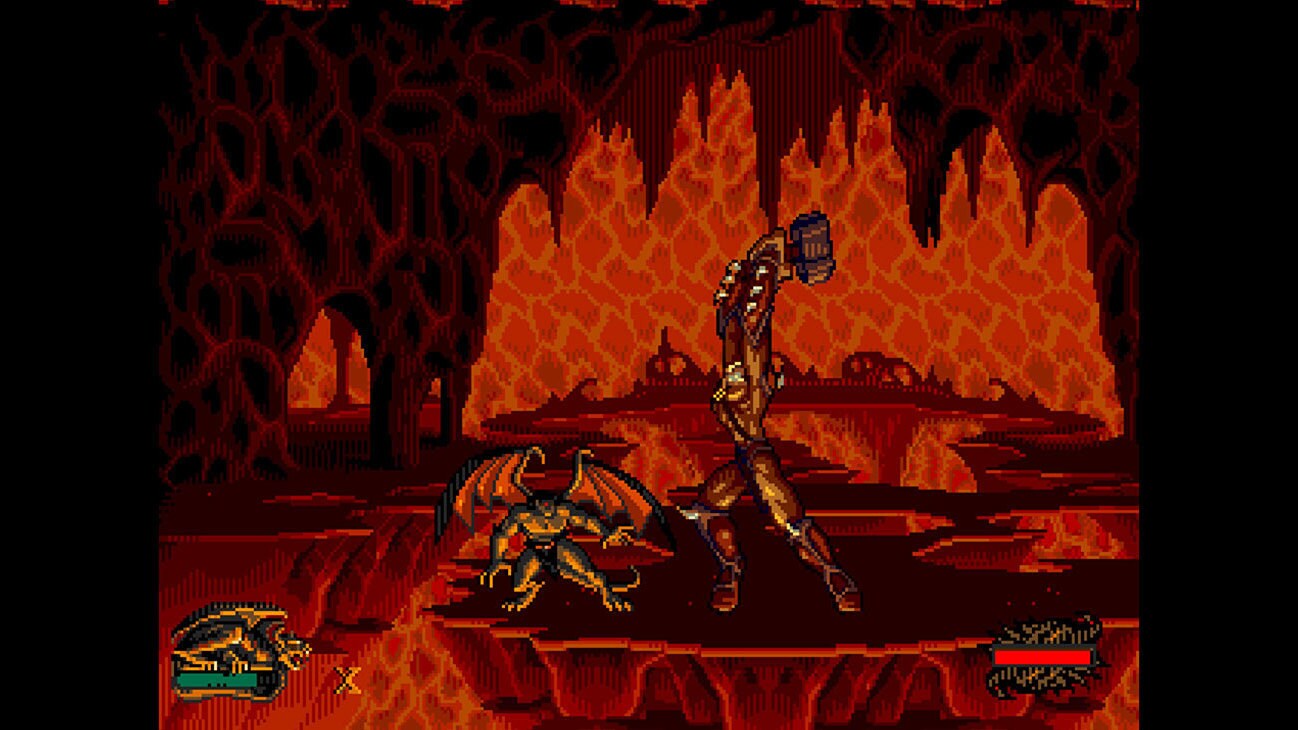 Screenshot of a character raising a hammer over the head of a gargoyle from the Disney game, "Disney Gargoyles."