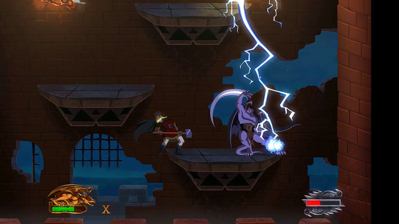 Screenshot of two gargoyles on a platform from the Disney game, "Disney Gargoyles Remastered."