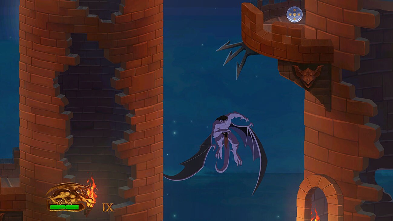 Screenshot of a gargoyle flying between two castle pillars from the Disney game, "Disney Gargoyles Remastered."