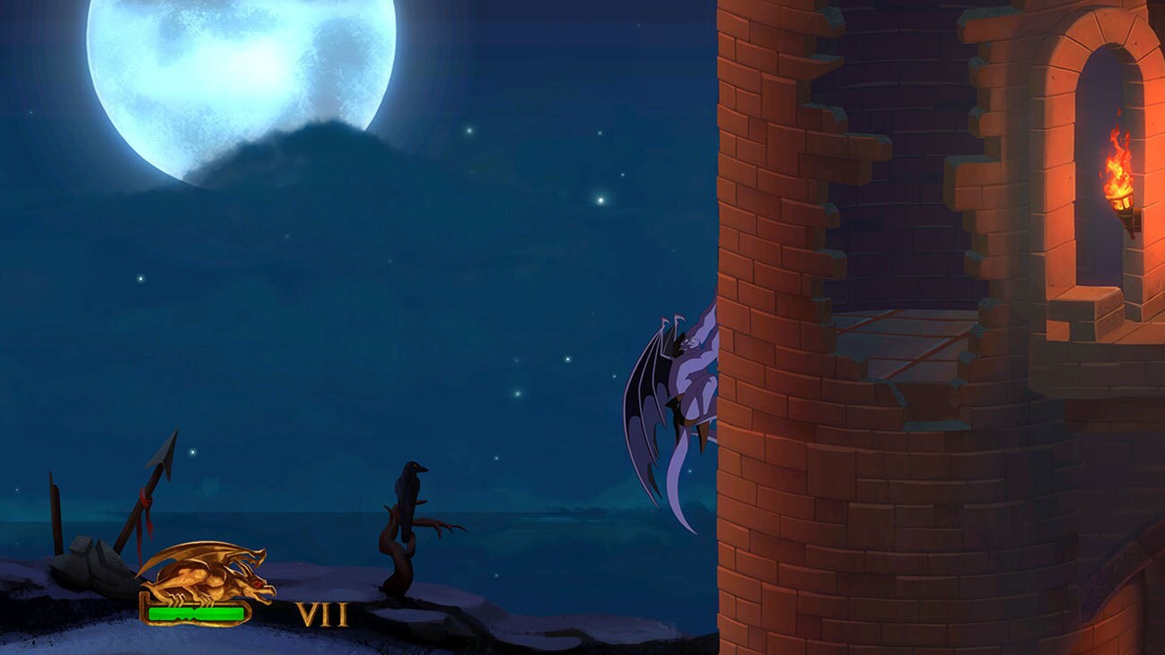 Screenshot of a gargoyle sitting vertically on a castle wall from the Disney game, "Disney Gargoyles Remastered."
