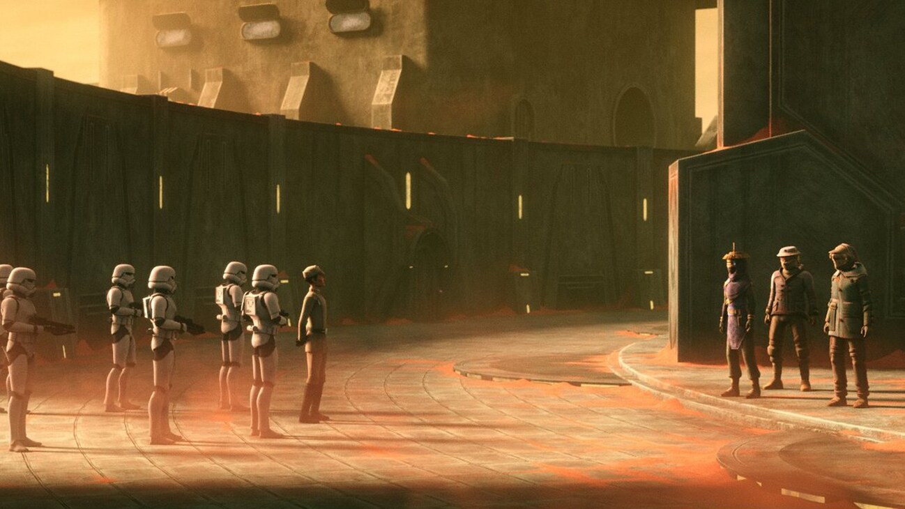 Imperial troops and an officer meet Desix Governor Tawni Ames at the entrance of a large building from the Disney+ Original series, "Star Wars: The Bad Batch" season 2, episode 3.