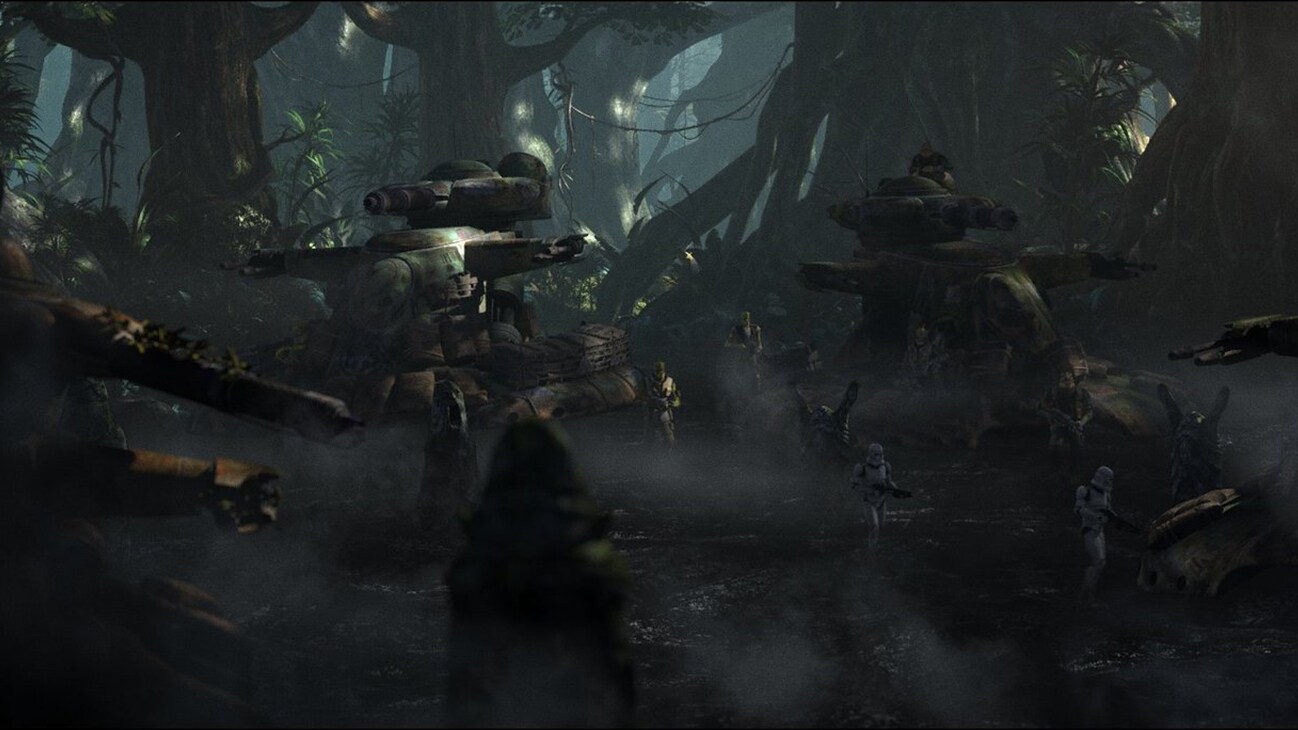 Battle tanks and clone troopers in a jungle on Kashyyyk from the Disney+ Original series, "Star Wars: The Bad Batch" season 2, episode 6.