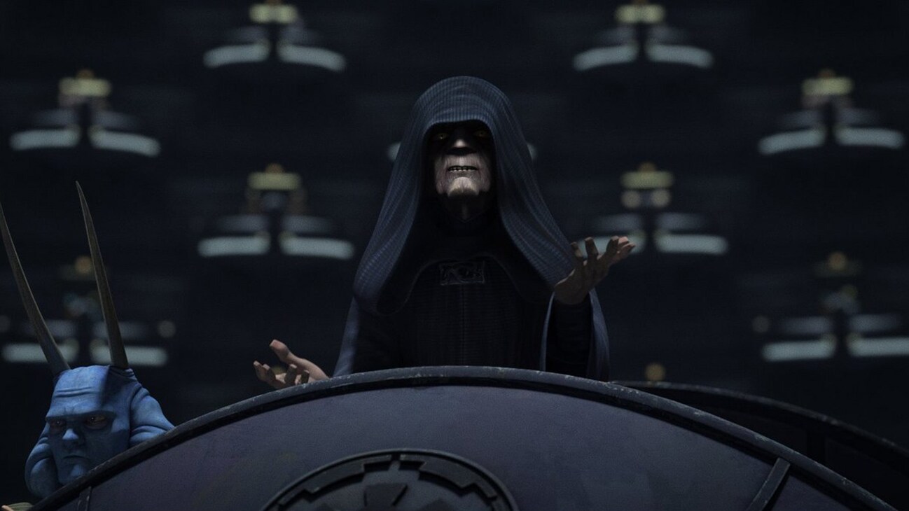 Emperor Palpatine and Mas Amedda on the podium at the senate from the Disney+ Original series, "Star Wars: The Bad Batch" season 2, episode 8.