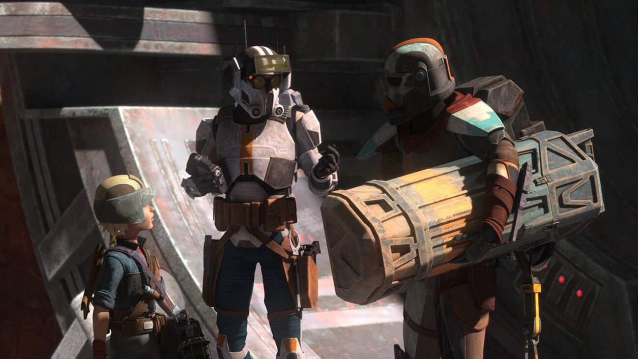 Omega, Tech, and Hunter from the Disney+ Original series, "Star Wars: The Bad Batch" season 2, episode 9.