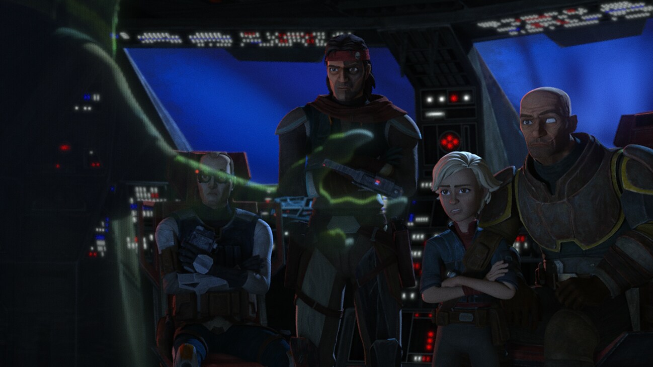 Tech, Hunter, Omega, and Wrecker watch a hologram of Cid from the Disney+ Original series, "Star Wars: The Bad Batch" season 2, episode 11.