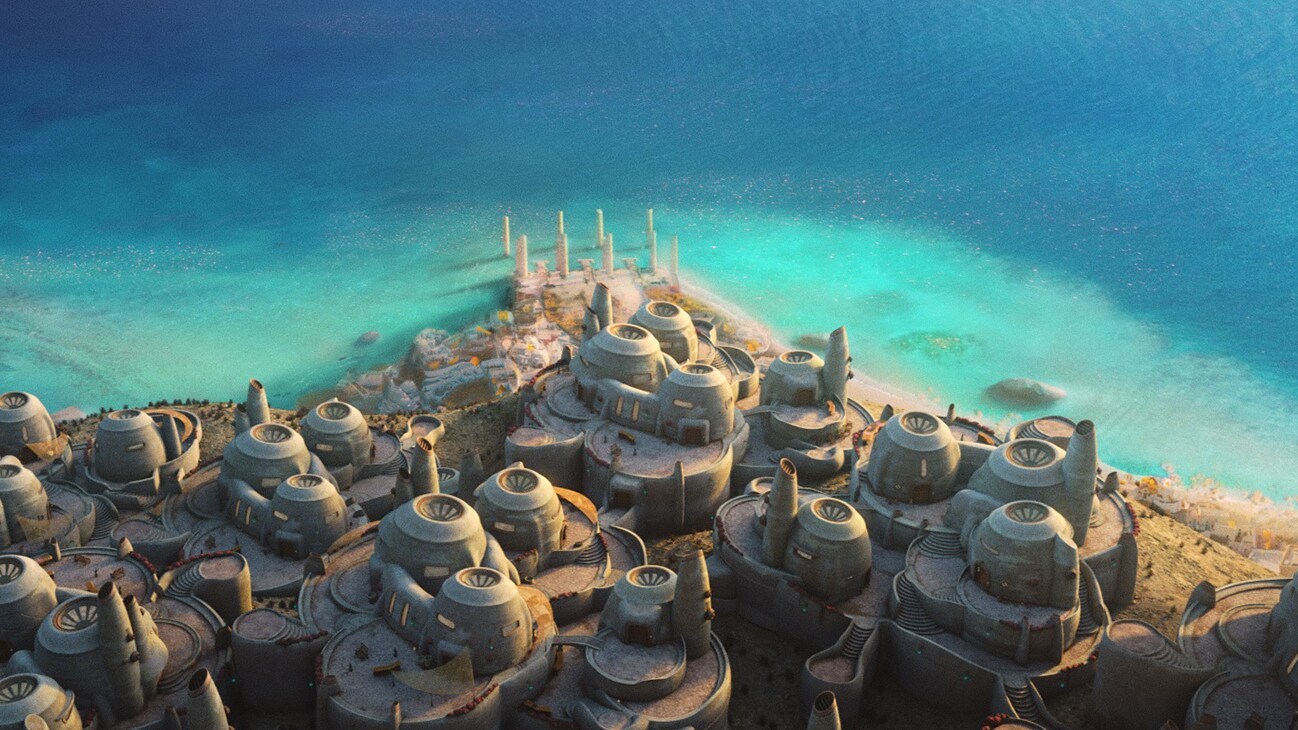 In image of the buildings on the planet Pabu from the Disney+ Original series, "Star Wars: The Bad Batch" season 2, episode 13.