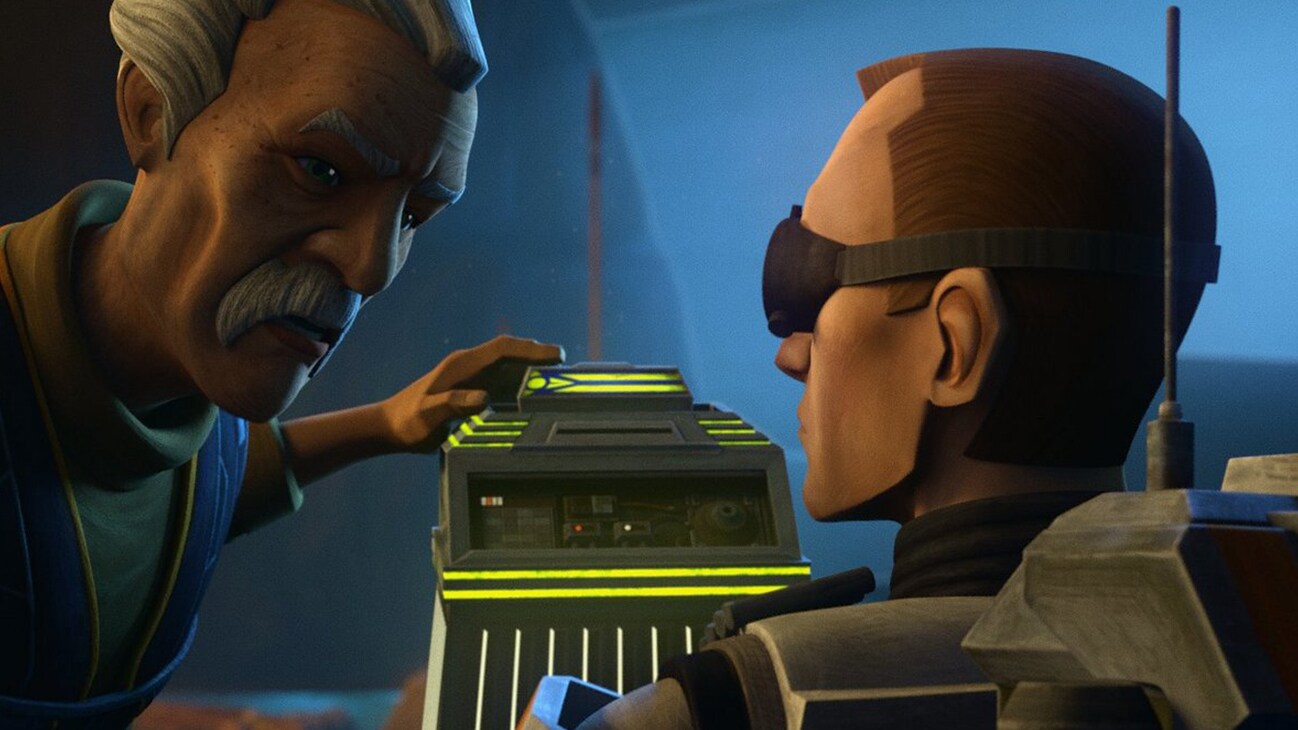 Tech and a man having a discussion from the Disney+ Original series, "Star Wars: The Bad Batch Season 2."