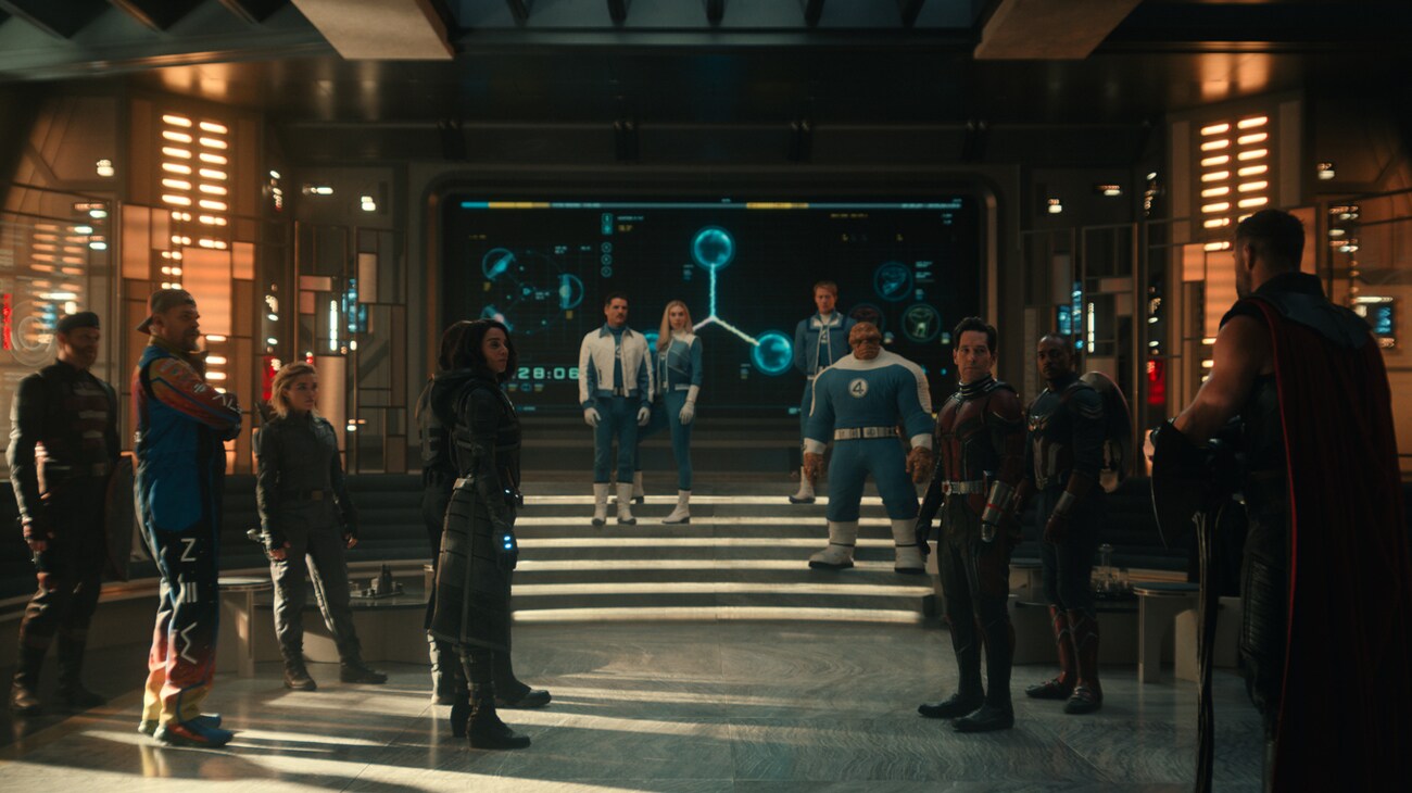(L-R): John Walker/U.S. Agent (Wyatt Russell), Alexei/Red Guardian (David Harbour), Yelena (Florence Pugh), Bucky Barnes/Winter Soldier (Sebastian Stan), Ava/Ghost (Hannah John-Kamen), Reed Richards/Mister Fantastic (Pedro Pascal), Sue Storm/Invisible Woman (Vanessa Kirby), Johnny Storm/Human Torch (Joseph Quinn), Ben Grimm/The Thing (Ebon Moss-Bachrach), Scott Lang/Ant-Man (Paul Rudd), Sam Wilson/Captain America (Anthony Mackie), and Thor (Chris Hemsworth) in Marvel's AVENGERS: DOOMSDAY. Photo courtesy of Marvel. © 2026 Marvel. All Rights Reserved.