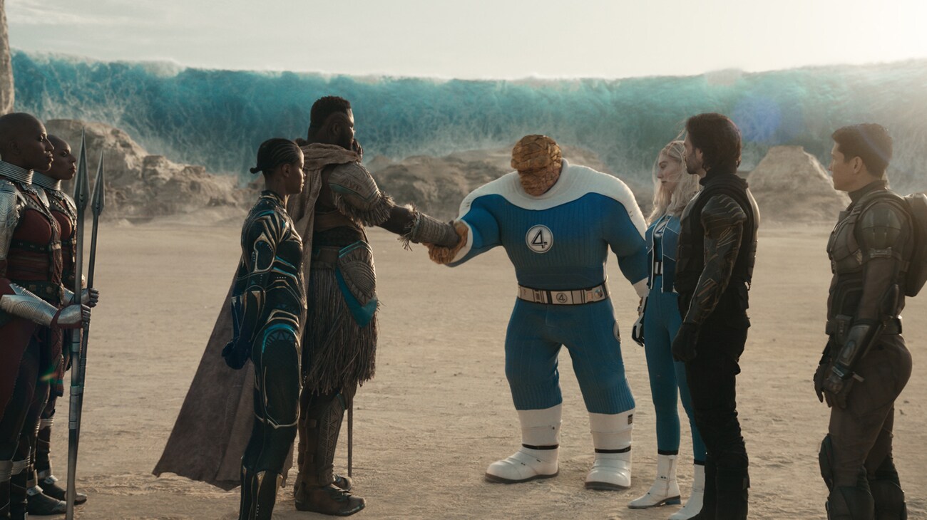 (L-R) The Dora Milaje, Shuri (Letitia Wright), M’Baku (Winston Duke), Ben Grimm/The Thing (Ebon Moss-Bachrach), Sue Storm/Invisible Woman (Vanessa Kirby), Bucky Barnes/Winter Soldier (Sebastian Stan), Joaquin Torres/Falcon (Danny Ramirez), and Ava/Ghost (Hannah John-Kamen) in Marvel's AVENGERS: DOOMSDAY. Photo courtesy of Marvel. © 2026 Marvel. All Rights Reserved.