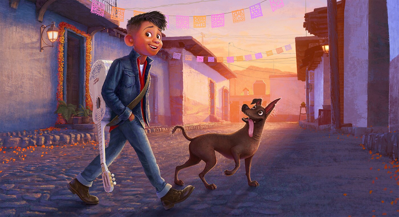 Concept art of Miguel with a guitar on his back walking with a dog on a cobble stone street | Disney•Pixar | Coco 2
