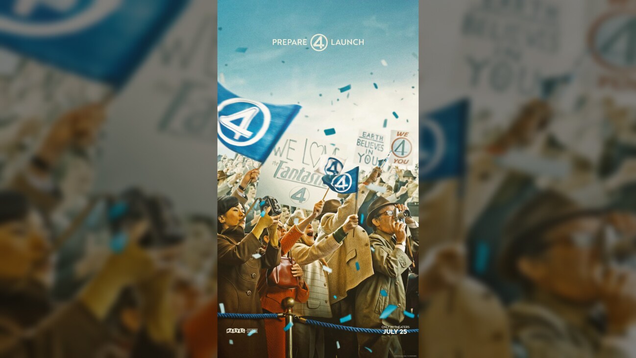 Image of a crowd holding signs and flags with the number "4" from the Marvel Studios movie, "The Fantastic Four: First Steps | Only in theaters July 25 | movie poster