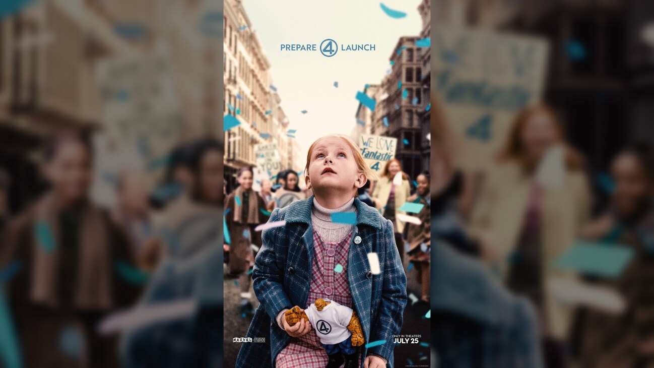 Image of a little girl looking up among a crowd of people from the Marvel Studios movie, "The Fantastic Four: First Steps | Only in theaters July 25 | movie poster