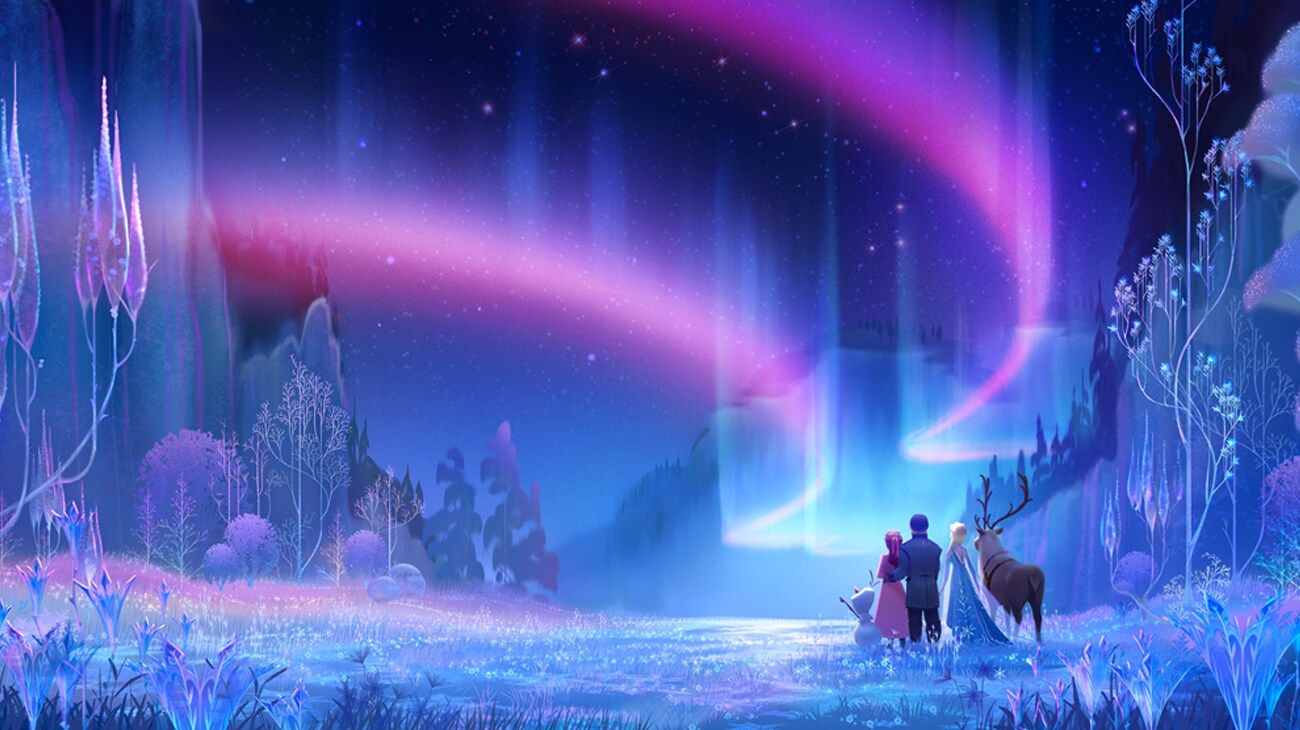 Concept art featuring Olaf, Anna, Kristoff, Elsa, and Sven standing in a forest clearing. They are looking at mystic lights in the night sky.