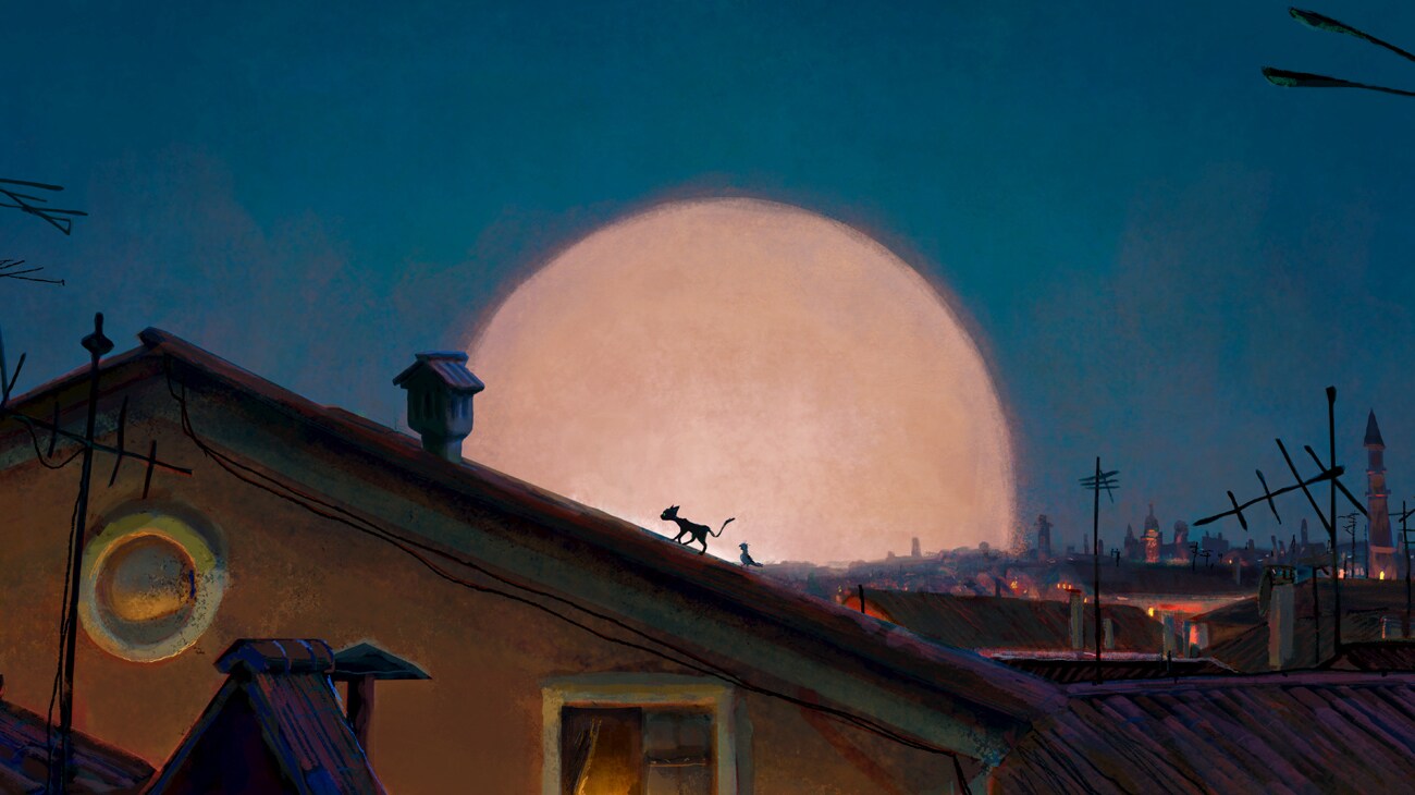 Still image of the shadow of a cat walking on a rooftop at night set against the moon from the Disney•Pixar movie, "Gatto."