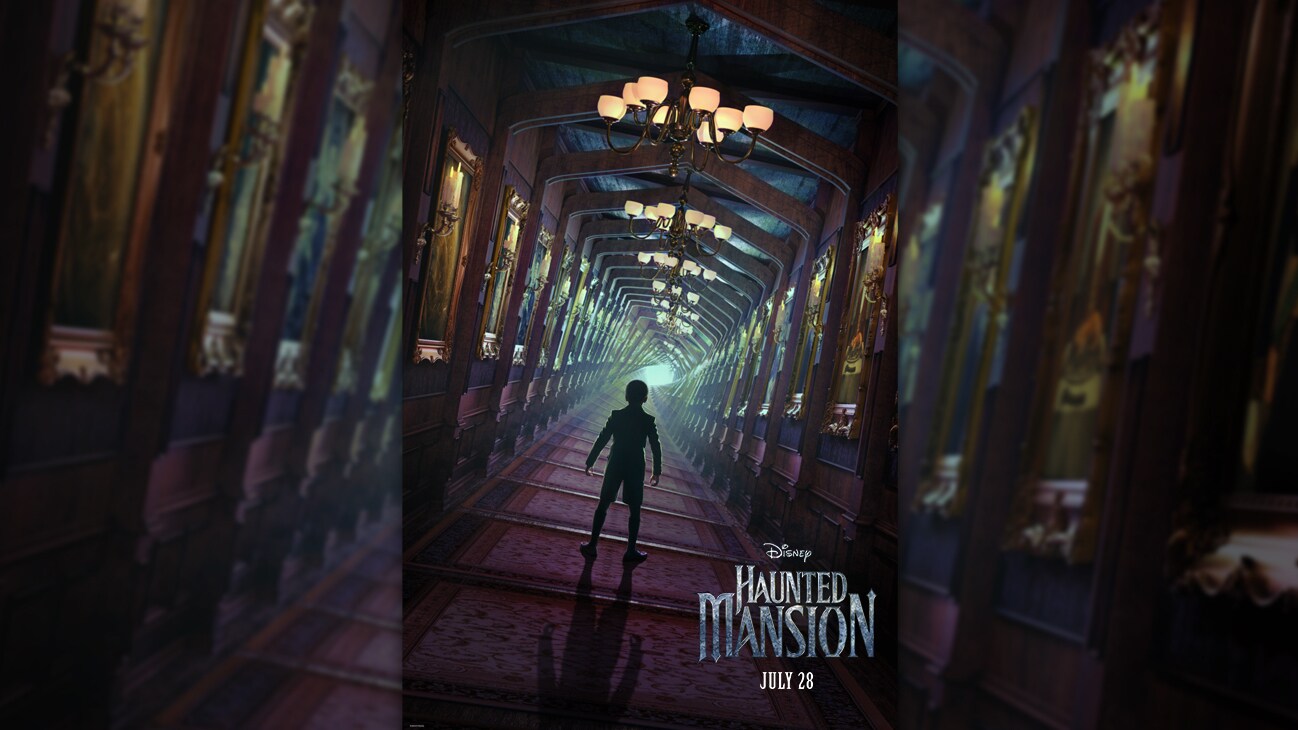 An individual walking down a dark hallway from the Disney movie, "Haunted Mansion."