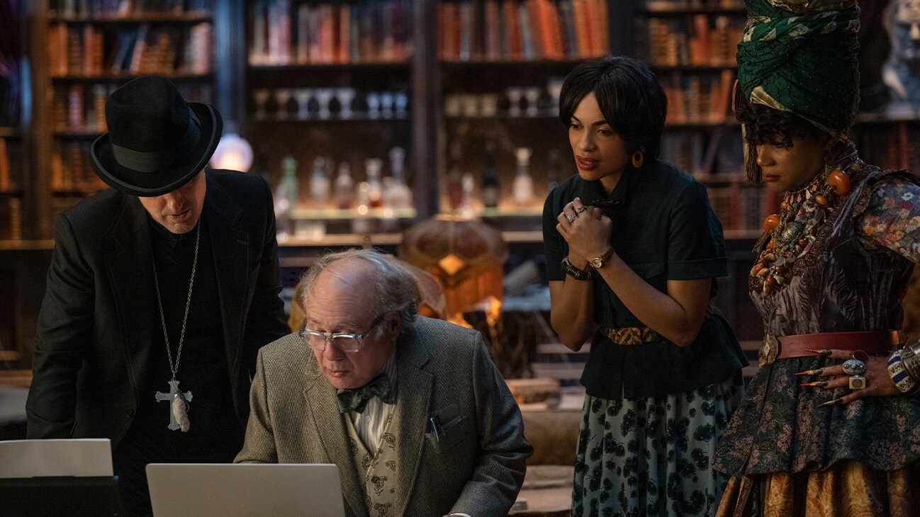(L-R): Owen Wilson as Father Kent, Danny DeVito as Bruce, Rosario Dawson as Gabbie, and Tiffany Haddish as Harriet in Disney's live-action HAUNTED MANSION. Photo by Jalen Marlowe. © 2023 Disney Enterprises, Inc. All Rights Reserved.