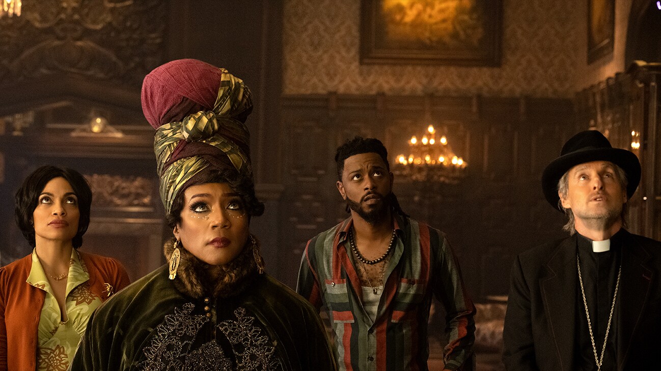 haunted mansion movie duration (L-R): Rosario Dawson as Gabbie, Tiffany Haddish as Harriet, LaKeith Stanfield as Ben, and Owen Wilson as Father Kent in Disney's live-action HAUNTED MANSION. Photo Jalen Marlowe. © 2023 Disney Enterprises, Inc. All Rights Reserved.