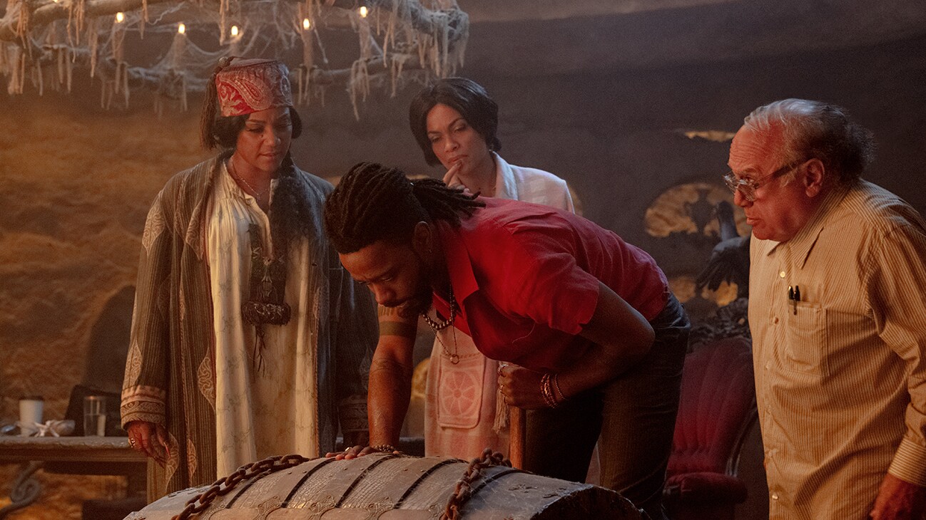 (L-R): Tiffany Haddish as Harriet, Rosario Dawson as Gabbie, LaKeith Stanfield as Ben, and Danny DeVito as Bruce in Disney's live-action HAUNTED MANSION. Photo by Jalen Marlowe. © 2023 Disney Enterprises, Inc. All Rights Reserved.