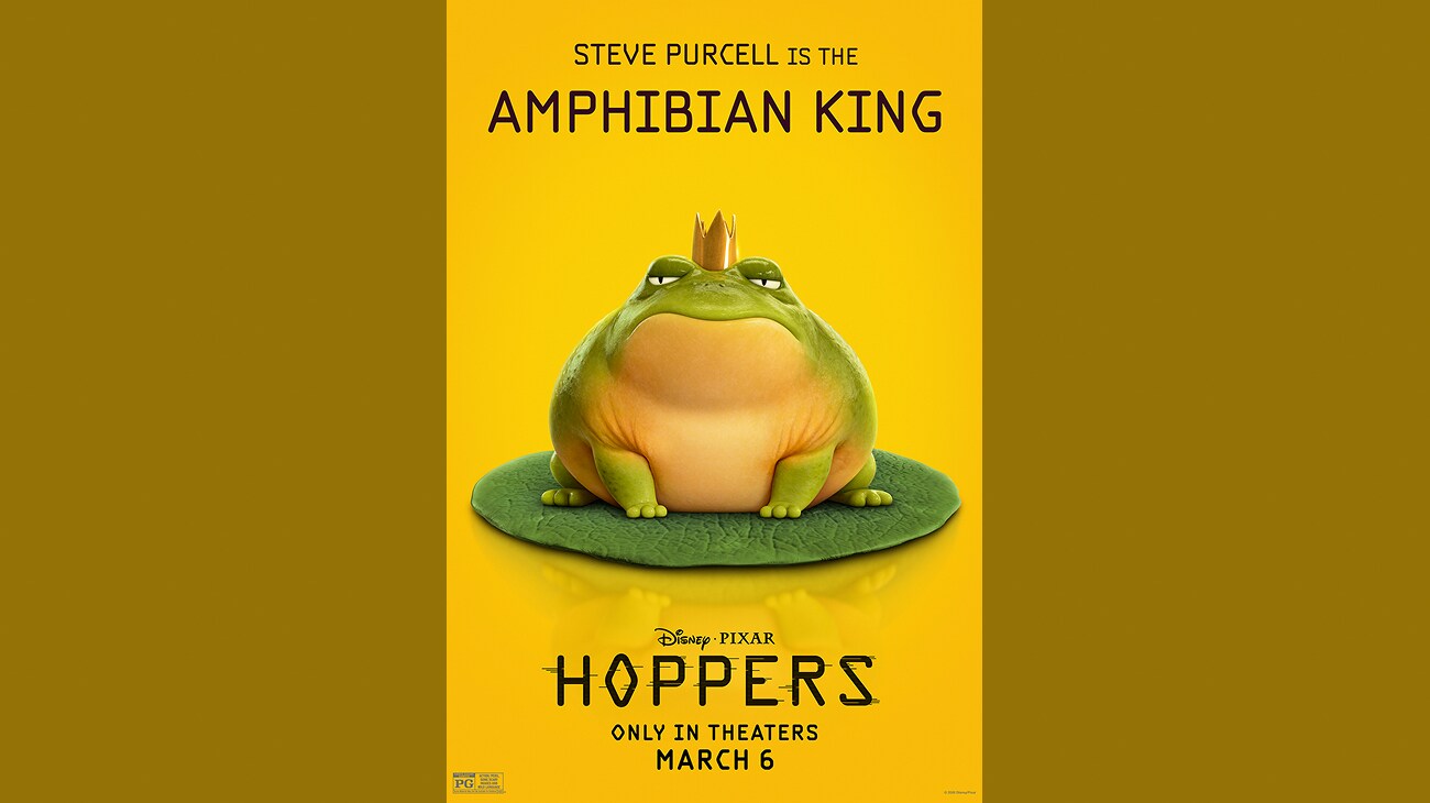 Steve Purcell is the Amphibian King | Disney•Pixar | Hoppers | Only in theaters March 6 | Rated PG | movie post