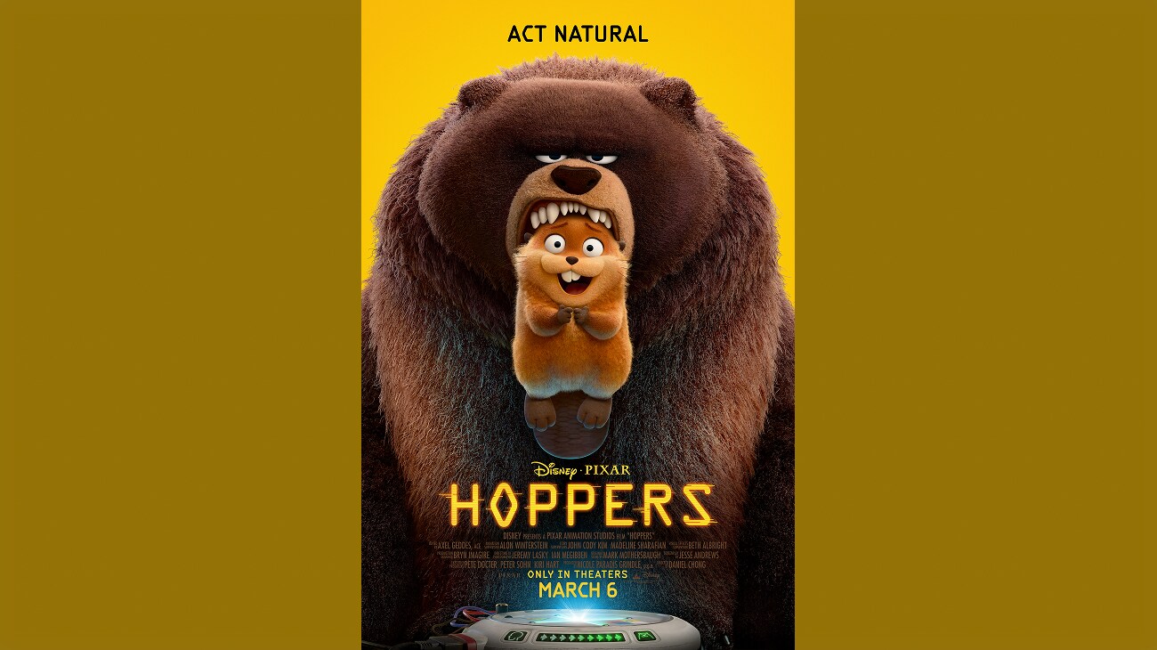 Image of Ellen Bear (voiced by actor Melissa Villaseñor) holding a smiling Mabel (voiced by actor Piper Curda) in her mouth | Act Natural | Disney•Pixar | Hoppers | Only in theaters March 6 | movie poster