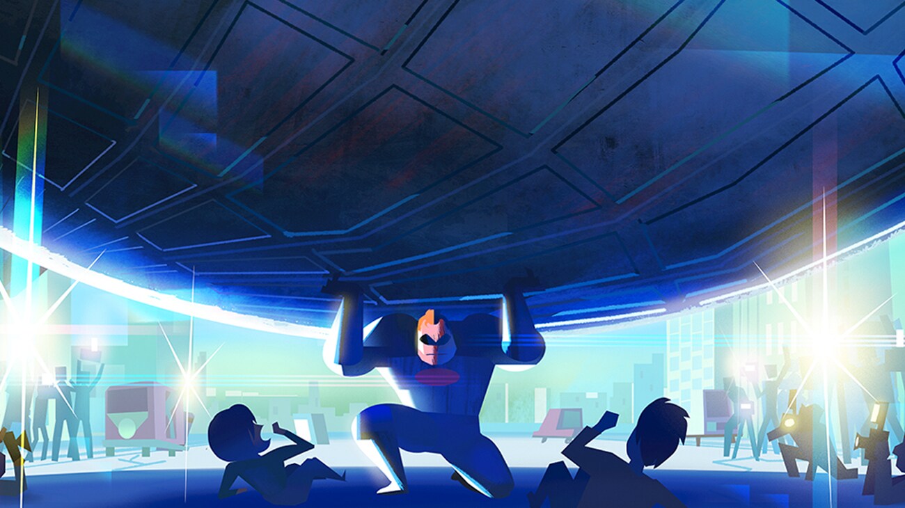 Concept art image of Mr. Incredible holding a large object above his head from the Disney•Pixar movie, "Incredibles 3."
