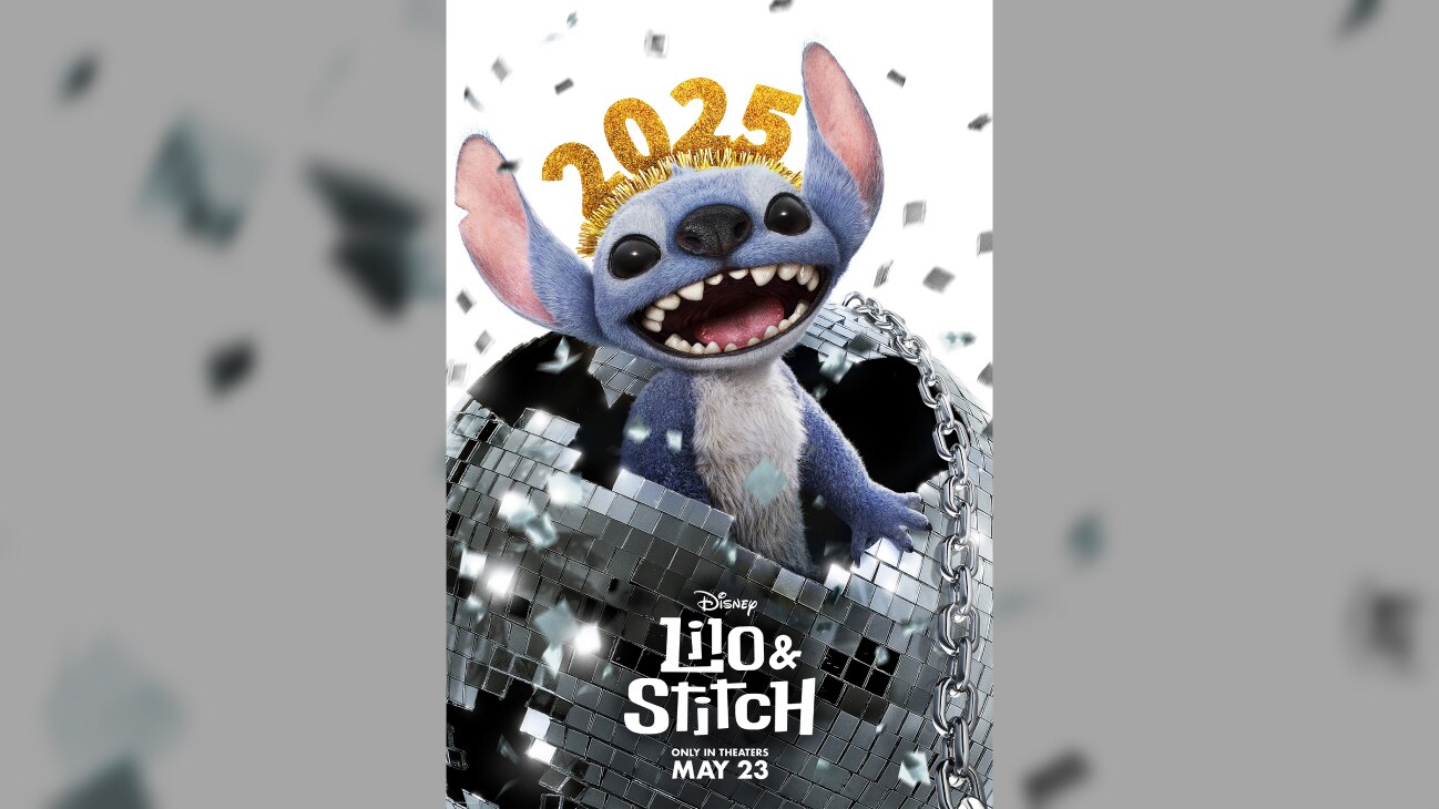 Image of Stitch breaking out from a disco ball wearing a "2025" headband | Disney | Lilo & Stitch | Only in theaters May 23 | movie poster