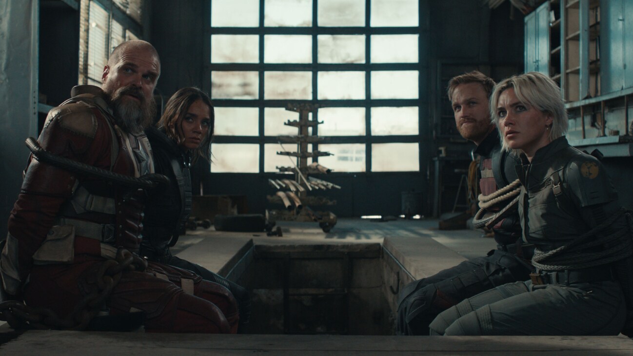 L-R): Alexei Shostakov/Red Guardian (David Harbour), Ghost (Hannah John-Kamen), John Walker (Wyatt Russell) and Yelena Belova (Florence Pugh) in Marvel Studios' THUNDERBOLTS*. Photo courtesy of Marvel Studios. © 2025 MARVEL.