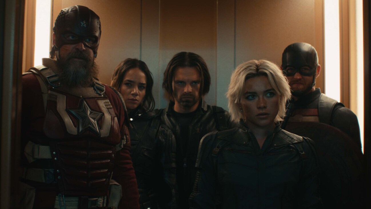 (L-R): Alexei Shostakov/Red Guardian (David Harbour), Ghost (Hannah John-Kamen), Bucky Barnes (Sebastian Stan), Yelena Belova (Florence Pugh), and John Walker (Wyatt Russell) in Marvel Studios' THUNDERBOLTS*. Photo courtesy of Marvel Studios. © 2025 MARVEL.