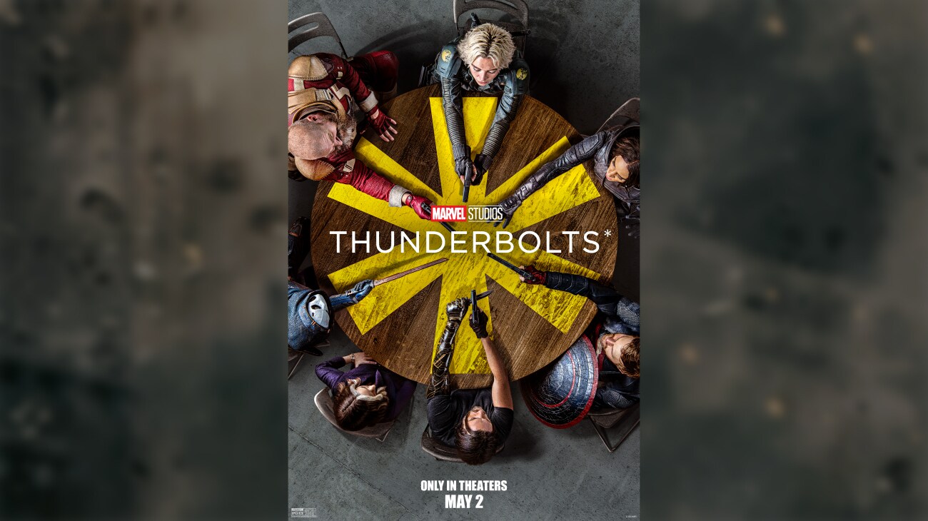 Image of Ghost (Hannah John-Kamen), Taskmaster (Olga Kurylenko), John Walker (Wyatt Russell), Bucky Barnes (Sebastian Stan), Alexei Shostakov/Red Guardian (David Harbour), Valentina Allegra de Fontaine (Julia Louis-Dreyfus), and Yelena Belova (Florence Pugh) sitting at a round table with an asterisk painted on its top. All but Valentina Allegra de Fontaine are pointing weapons at the person directly across from him or her. From the Marvel Studios movie, "Thunderbolts*." | In theaters May 2 | Rated PG-13 | movie poster