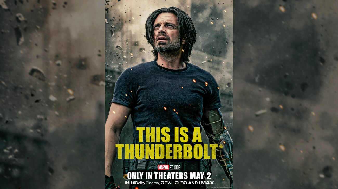 Image of Bucky from the Marvel Studios movie, "Thunderbolts*" | This is a thunderbolt | Marvel Studios | Only in theaters May 2 | In DolbyCinema, REAL D 3D and IMAX | movie poster