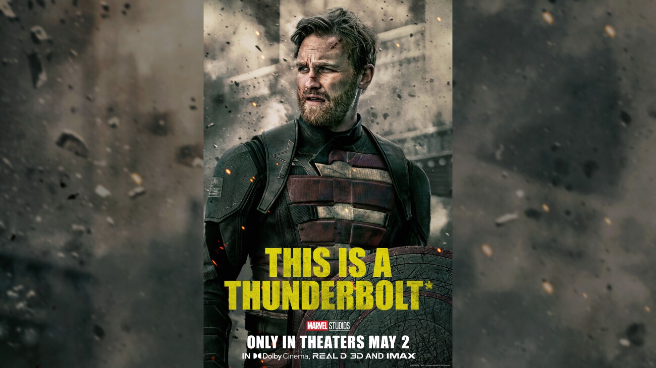 Image of John Walker from the Marvel Studios movie, "Thunderbolts*" | This is a thunderbolt | Marvel Studios | Only in theaters May 2 | In DolbyCinema, REAL D 3D and IMAX | movie poster