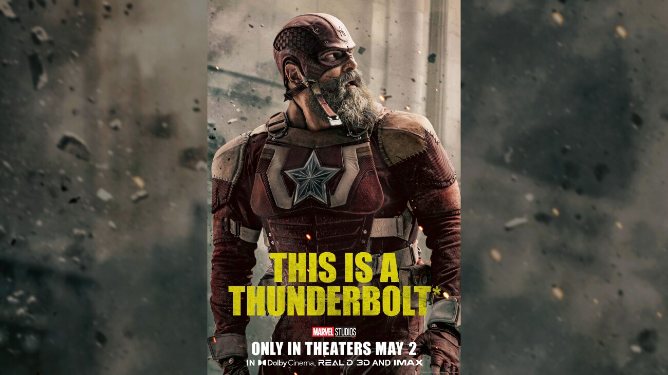 Image of Red Guardian from the Marvel Studios movie, "Thunderbolts*" | This is a thunderbolt | Marvel Studios | Only in theaters May 2 | In DolbyCinema, REAL D 3D and IMAX | movie poster