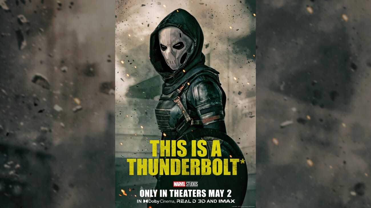 Image of Taskmaster from the Marvel Studios movie, "Thunderbolts*" | This is a thunderbolt | Marvel Studios | Only in theaters May 2 | In DolbyCinema, REAL D 3D and IMAX | movie poster