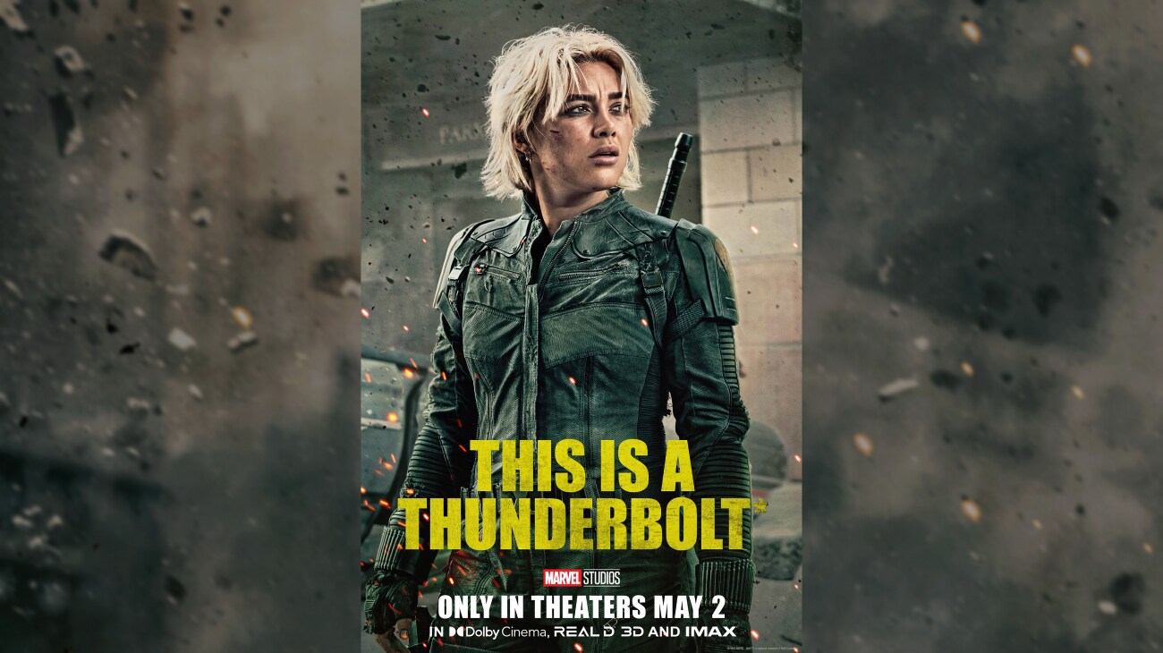 Image of Yelena from the Marvel Studios movie, "Thunderbolts*" | This is a thunderbolt | Marvel Studios | Only in theaters May 2 | In DolbyCinema, REAL D 3D and IMAX | movie poster