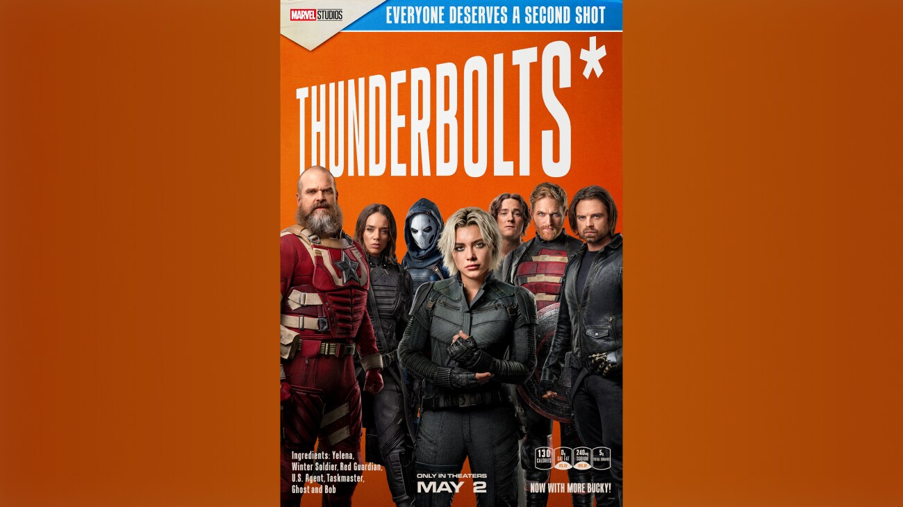Marvel Studios | Everyone deserves a second shot | Thunderbolts* | Ingredients: Yelena, Winter Soldier, Red Guardian, U.S. Agent, Taskmaster, Ghost and Bob | Now with more Bucky! | Marvel Studios | Only in theaters May 2 | movie poster