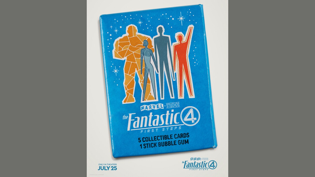 Unopened wax pack of "The Fantastic Four: First Steps" bubblegum cards featuring illustrated silhouettes of the Thing, Invisible Woman, Mister Fantastic, and Human Torch. | Only in theaters July 25 | Marvel Studios | The Fantastic Four: First Steps | poster image