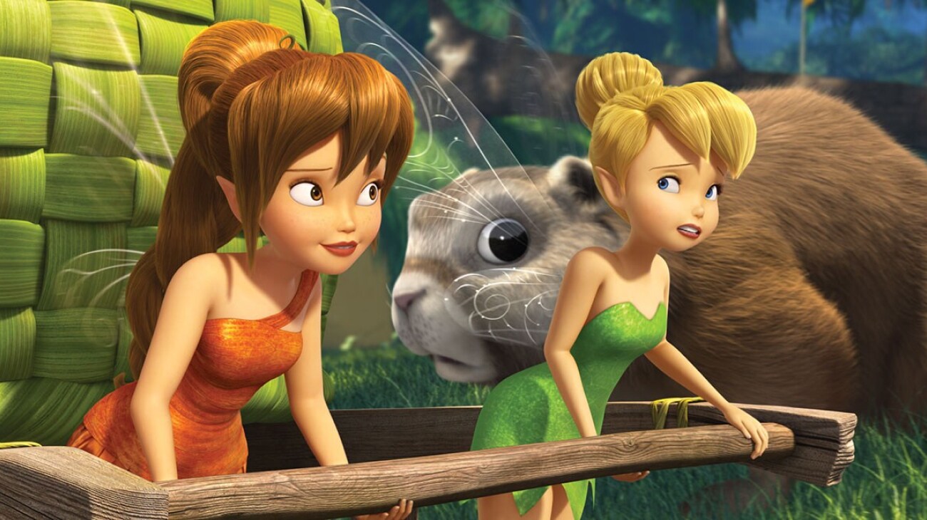 Fawn and Tinker Bell pushing a cart through a forest as an animal passes behind them
