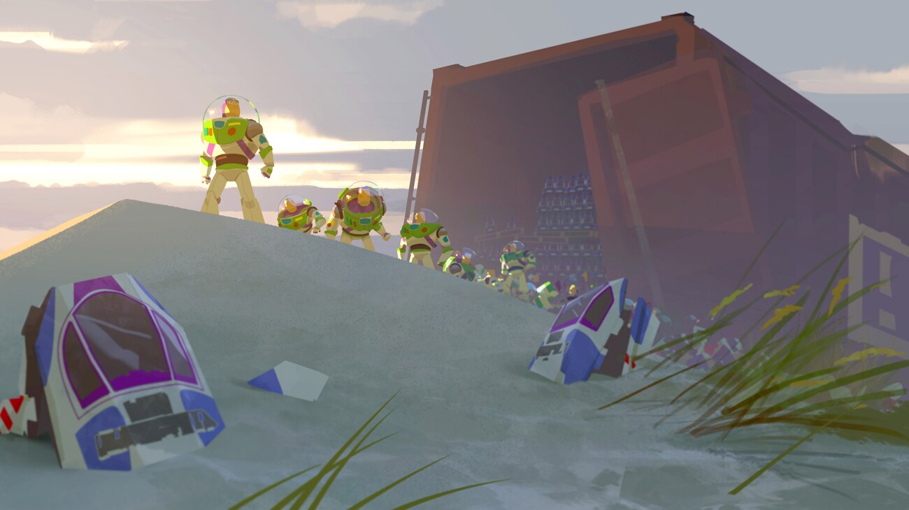 BUZZ LIGHTYEARS! -- The toys are back in Disney and Pixar’s “Toy Story 5,” and in the case of Buzz Lightyear, "back" is an understatement. Fifty commemorative Buzz Lightyear action figures, stuck in toy mode, are searching for Star Command and they just might make considerable problems for everybody. Directed by Andrew Stanton, co-directed by McKenna Harris and produced by Jessica Choi, “Toy Story 5” opens only in theaters on June 19, 2026. (concept art). © 2024 Disney/Pixar. All Rights Reserved.